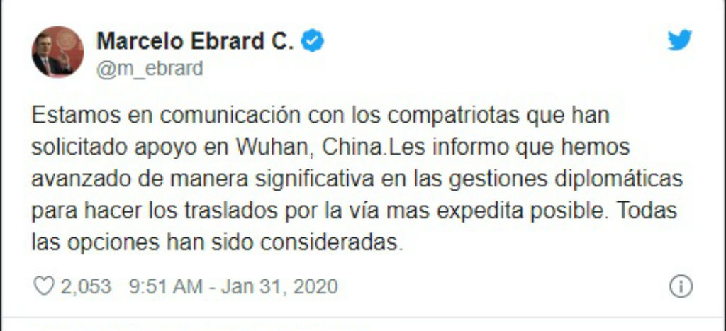 Avanzamos en traslados de mexicanos en Wuhan: Ebrard (Tuit)